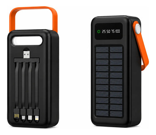 Power Bank Solar 40000mah Con Linterna Led Cables Integrados Negro