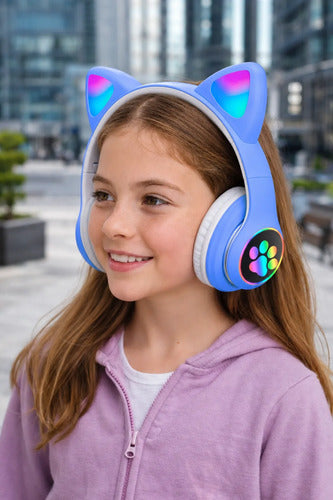 Audífonos Inalámbricos Orejas Gato Con Micrófono Recargables Azul