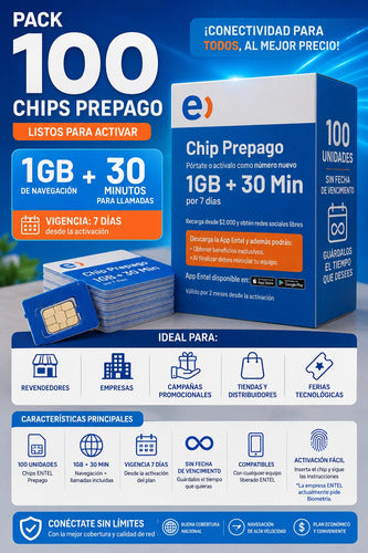 Chip Prepago Entel Pack 100 Unidades Incluye 1gb +30 Min 3 En 1