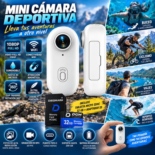 Kit Mini Cámara Acción Wifi 1080p Sumergible + Microsd 32gb Blanco