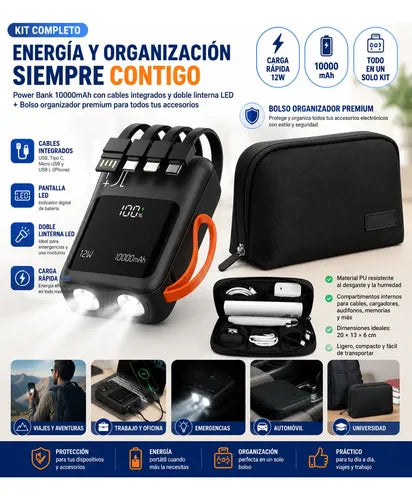 Powerbank 10000mah 2 Linternas Led Cables Integrados + Bolso Negro