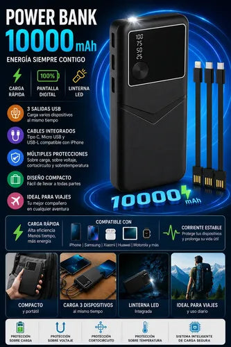Powerbank 10000mah 3 Cables Integrados 3 Usb Y Linterna Negro