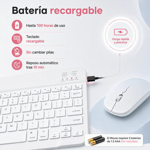 Kit Teclado Y Mouse Bluetooth Para Pc Tablet Y Celular Blanco
