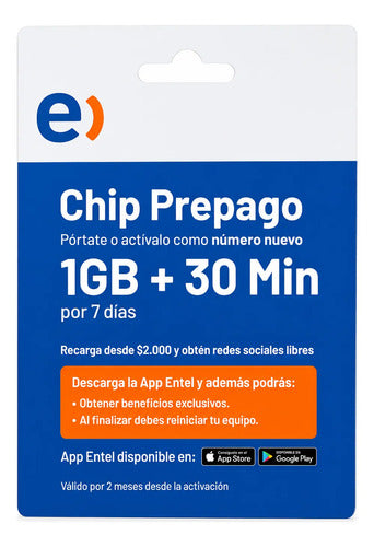 Chip Prepago Entel 1gb + 30 Minutos E Sim 3 En 1