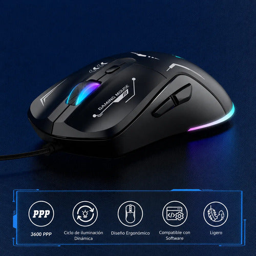 Mouse Gaming Rgb Con Cable Usb 3600 Dpi Alta Precisión Negro