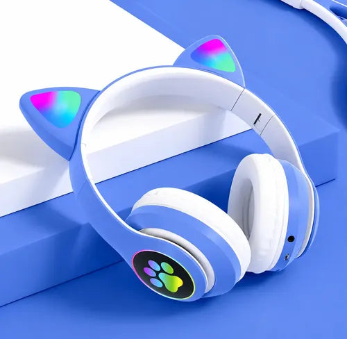 Audífonos Inalámbricos Orejas Gato Con Micrófono Recargables Azul