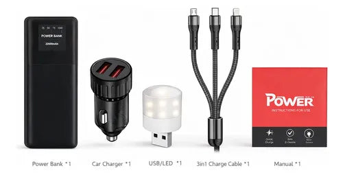 Power Bank 22000mah Carga Rápida Y22. Luz Led Y Cable 3 En 1 Negro