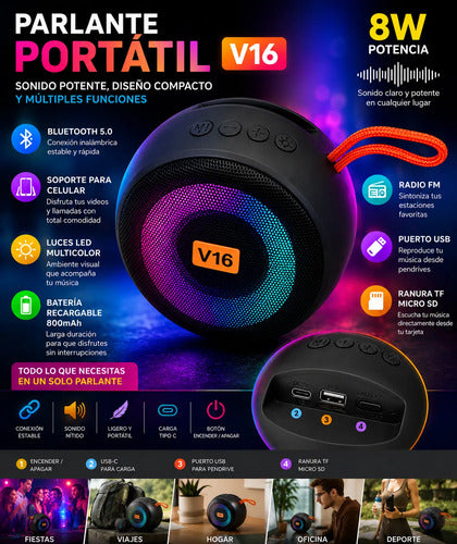 Parlante V16 8w Bluetooth Luz Led Soporte Celular Radio Fm Negro