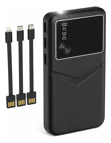 Powerbank 10000mah 3 Cables Integrados 3 Usb Y Linterna Negro