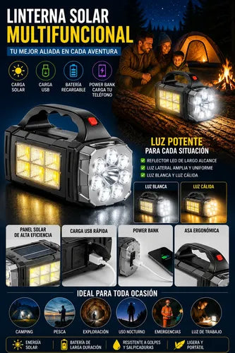 Linterna Solar Led Multifuncional Recargable Usb + Powerbank Blanca/ Amarilla Negro/plateado