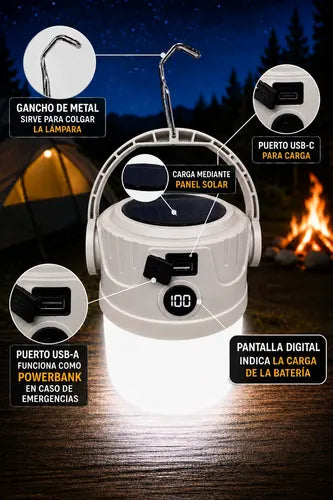 Lampara Solar Camping Farol Colgante Recargable Power Bank Gris