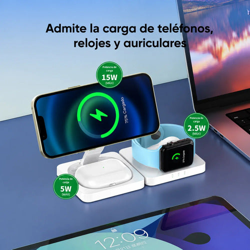 Cargador Inalámbrico Magnético Base 4 En 1 Plegable 15w Blanco