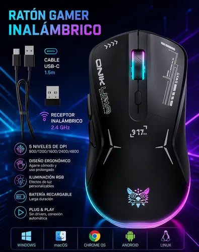 Mouse Gamer Inalámbrico Onikuma Rgb 2.4 Ghz 4800 Dpi Negro
