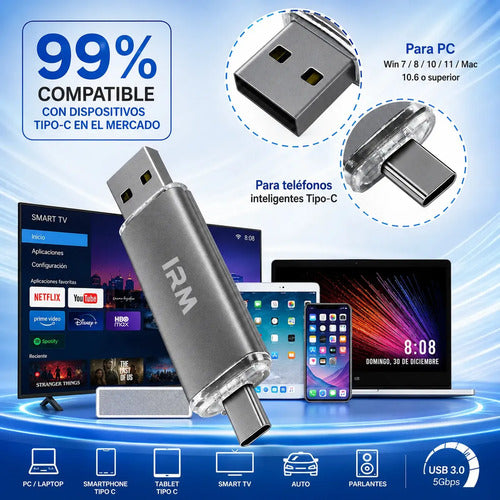 Pendrive Irm 32 Gb Otg Usb-c Y Usb 3.0 De Alta Velocidad Para Android Y Pc Gris Metálico