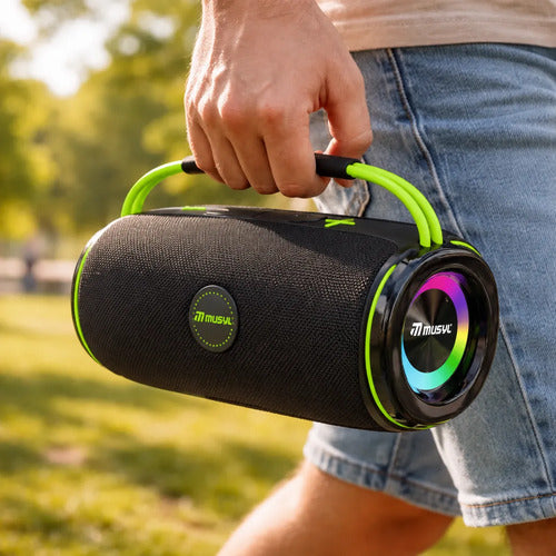 Parlante Bluetooth 10w Luces Rgb Recargable Radio Fm Tws Negro/verde