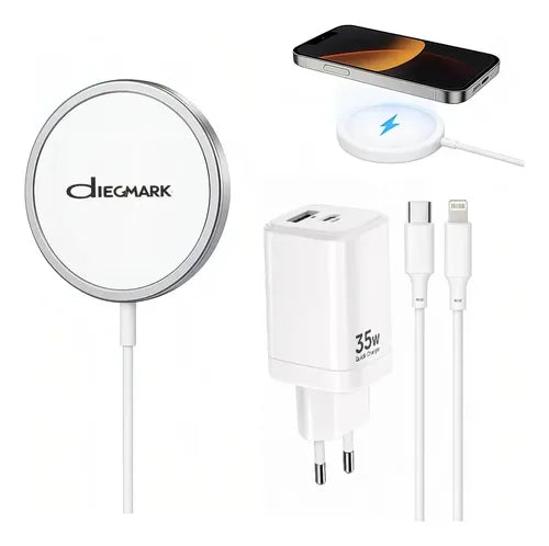 Kit Cargador Magnético Inalámbrico 15w Con Adaptador 35w Y Compatible Con iPhone 8, X, Xr, Xs, 11, 12, 13, 14, 15 Y 16 Pro Max Compatible Blanco