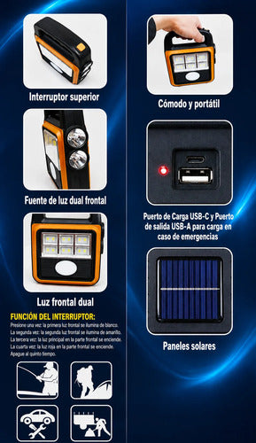 Lámpara Solar 48 Luz Led Mulfunciòn Recargable Usb Powerbank Negro/naranja
