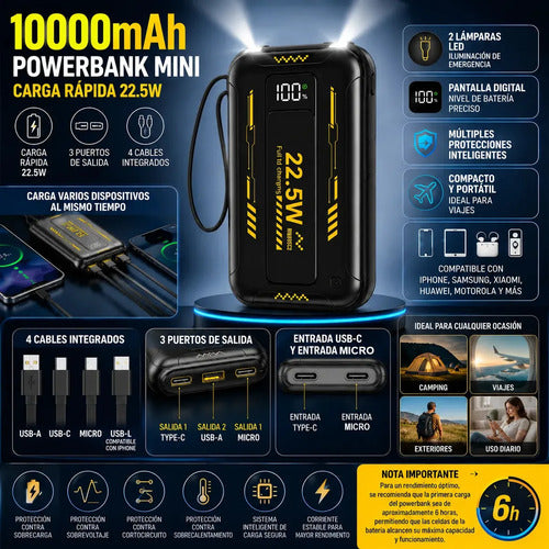 Power Bank Portátil De 10000mah Con Carga Rápida 3 Puertos 4 Cables Integrados Para iPhone Y Android Negro/blanco