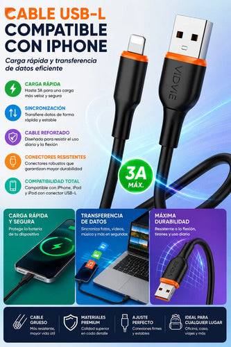 Cable Carga Rápida 3a Conector Usb-l Compatible Con iPhone Negro