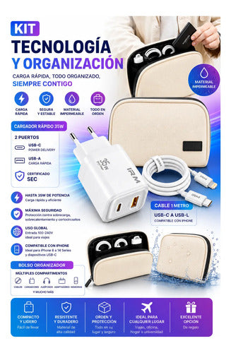 Kit Cargador Rápido 35w Para iPhone + Bolso Organizador Blanco/beige