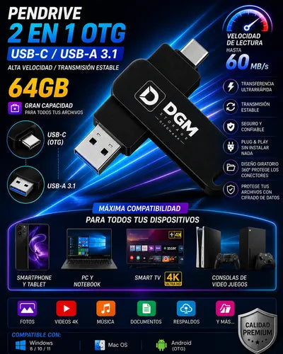 Pendrive Flash Drive Otg 64gb Usb Usb-c 3.1 Alta Velocidad Negro Otg Dual Usb-c Usb-a