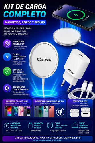 Cargador Magnético 15w + Adaptador Pd20w Para iPhone Samsung Blanco