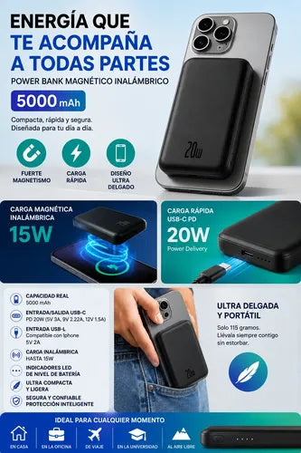Kit Powerbank 5000mah Magnético Para iPhone Samsung + Bolso Negro/gris