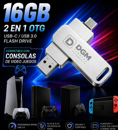 Pendrive Otg Diegmark 16gb Usb C / Usb 2 En 1 Para Smartphone Tablet Notebook Pc Smart Tv Consolas Respalda Tus Fotos,... Plateado