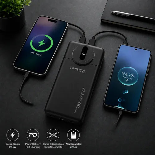 Powerbank 10000mah Carga Rápida Pd20w 22.5w 2 Puertos Usb Negro