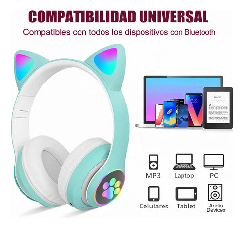 Audifonos Bluetooth Orejas De Gato Luz Led Rbg Recargables Verde Claro