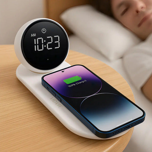 Reloj Despertador Digital Diegmark Con Carga Inalámbrica Y Altavoz Bluetooth Para iPhone Y Android Blanco
