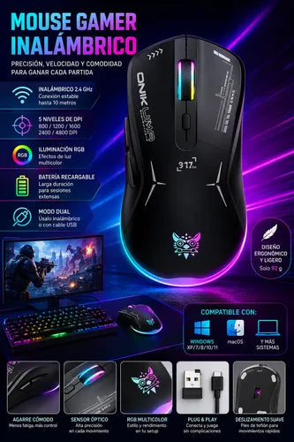 Mouse Gamer Inalámbrico Onikuma Rgb 2.4 Ghz 4800 Dpi Negro