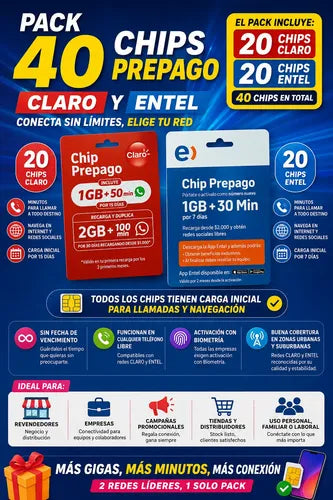 Pack 40 Chips Prepago Claro Y Entel Sim Prepago 3 En 1