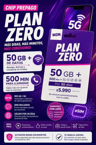 Chip Prepago Wom Plan Zero Incluye 50 Gb + 500 Min Esim 3 En 1