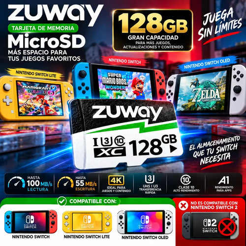 Tarjeta De Memoria Microsd Zuway 128gb Clase 10 U3 A1 Alta Velocidad 100mb/s Premium Compatible Con Nintendo Swicht 1, Video 8k, Celulares, Tablets, Cámaras De Seguridad Y Deportivas, Uso Profesional