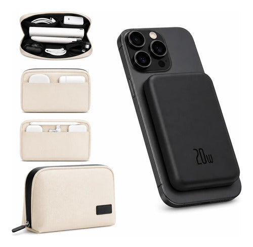 Kit Powerbank 5000mah Magnético Para iPhone Samsung + Bolso Negro/beige