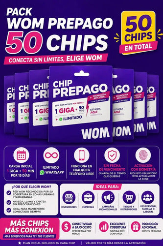 Chip Wom Prepago Pack 50 Unidades Sim Prepago 3 En 1