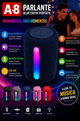 Parlante Inalámbrico A8 Bluetooth 5.3 Usb Radio Fm Luz Rgb
