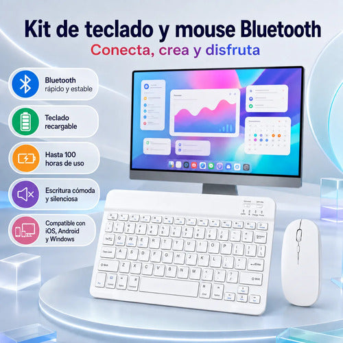 Kit Teclado Y Mouse Bluetooth Para Pc Tablet Y Celular Blanco