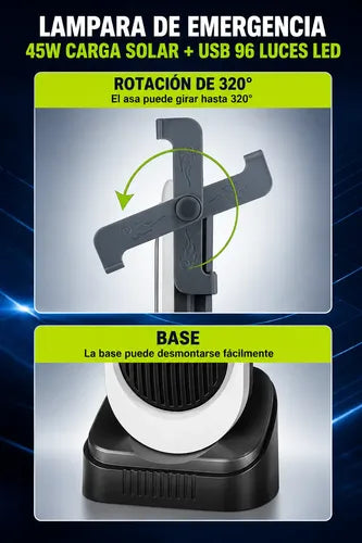Lámpara Led Solar 45w Recargable Usb 3600mah 96 Luces Led Blanco