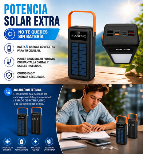 Power Bank Solar 40000mah Con Linterna Led Cables Integrados Negro