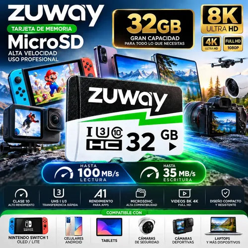 Tarjeta De Memoria Microsd Zuway 32gb Clase 10 U3 A1 Alta Velocidad 100mb/s Premium Compatible Con Nintendo Swicht 1, Video 8k, Celulares, Tablets, Cámaras De Seguridad Y Deportivas, Uso Profesional