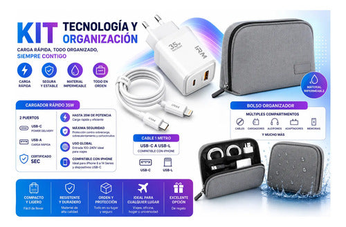 Kit Cargador Rápido 35w Para iPhone + Bolso Organizador Blanco/gris