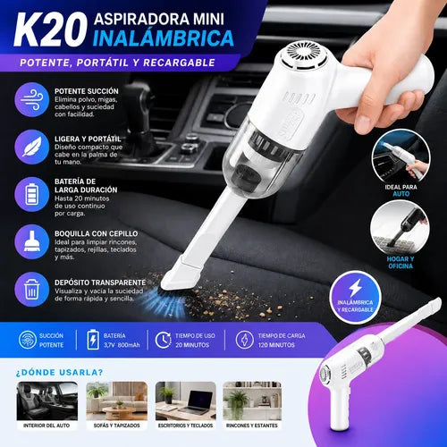 Aspiradora Inalámbrica Mini K20 Recargable Para Auto Y Hogar Blanco
