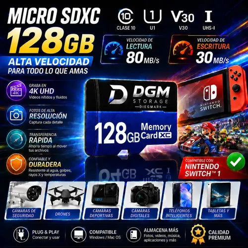 Tarjeta Micro Sdxc Diegmark 128 Gb Uhs-i U1 Clase 10 Para 4k, Con Adaptador Sd