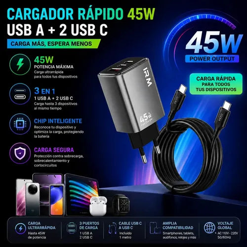 Cargador Rápido 45w 3 Puertos Con Cable Usb C A Usb C Carga Rápida Pd Compatible Con Samsung Motorola Xiaomi Redmi Huawei iPhone 15 Negro