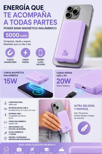 Power Bank Magnético Inalámbrico De Carga Rápida Para iPhone Y Android Violeta Claro