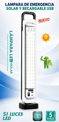 Lámpara Recargable 2400mah Solar + Usb 45w 51 Luces Led Blanco