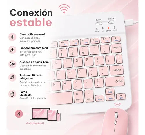Kit Teclado Y Mouse Bluetooth Para Pc Tablet Y Celular Blanco/rosa Rosa Claro