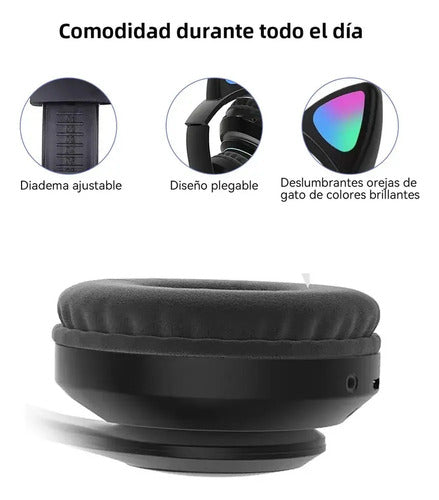 Audífonos Inalámbricos Orejas Gato Con Micrófono Recargables Negro